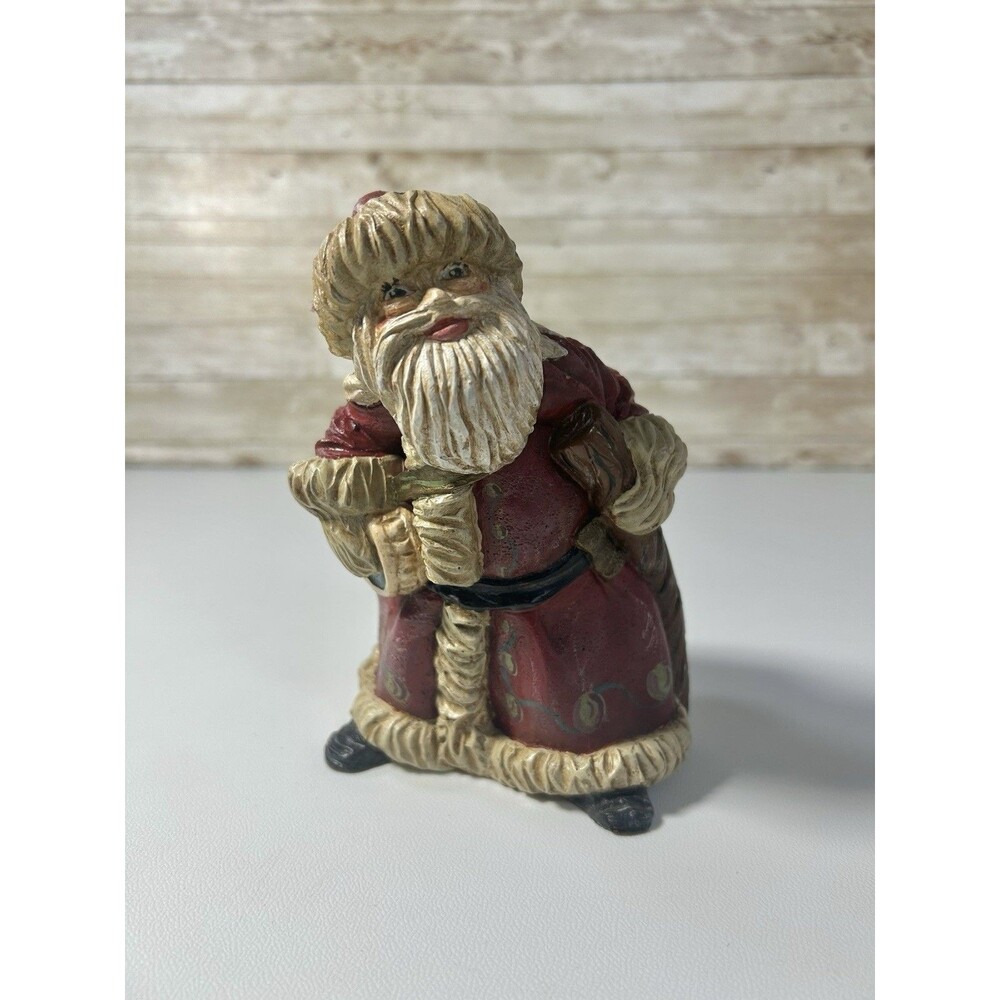 Rustic Folk Art Hunched Santa Claus Cane and Bag Figurine Christmas Decoration